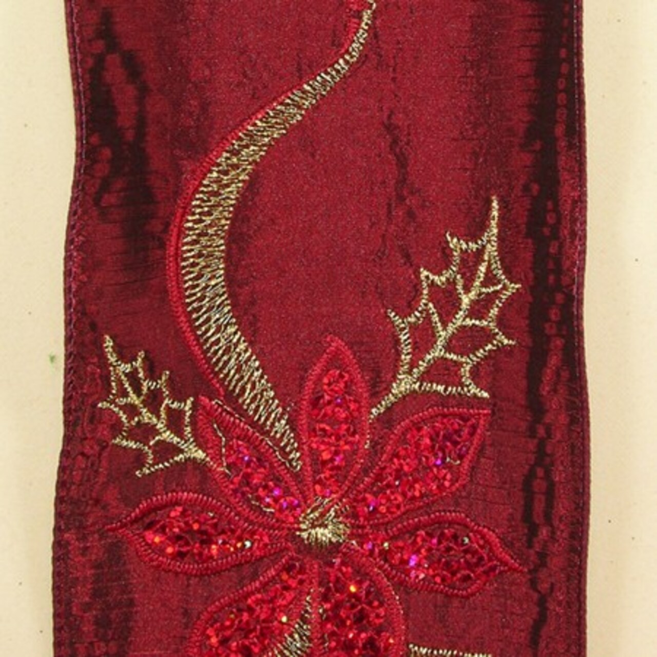 The Ribbon People Burgundy Red and Brown with Embroidered Poinsettia Wired Craft Ribbon 4&#x22; x 10 Yards